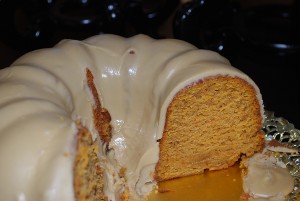 Picture of Garnet Yam Cake With Brown Sugar Icing, cut in half